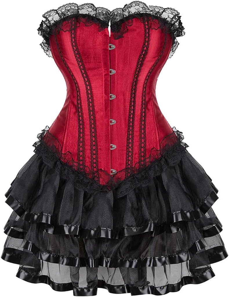 Women Gothic Burlesque Corset and Skirt Vintage Lace Satin
